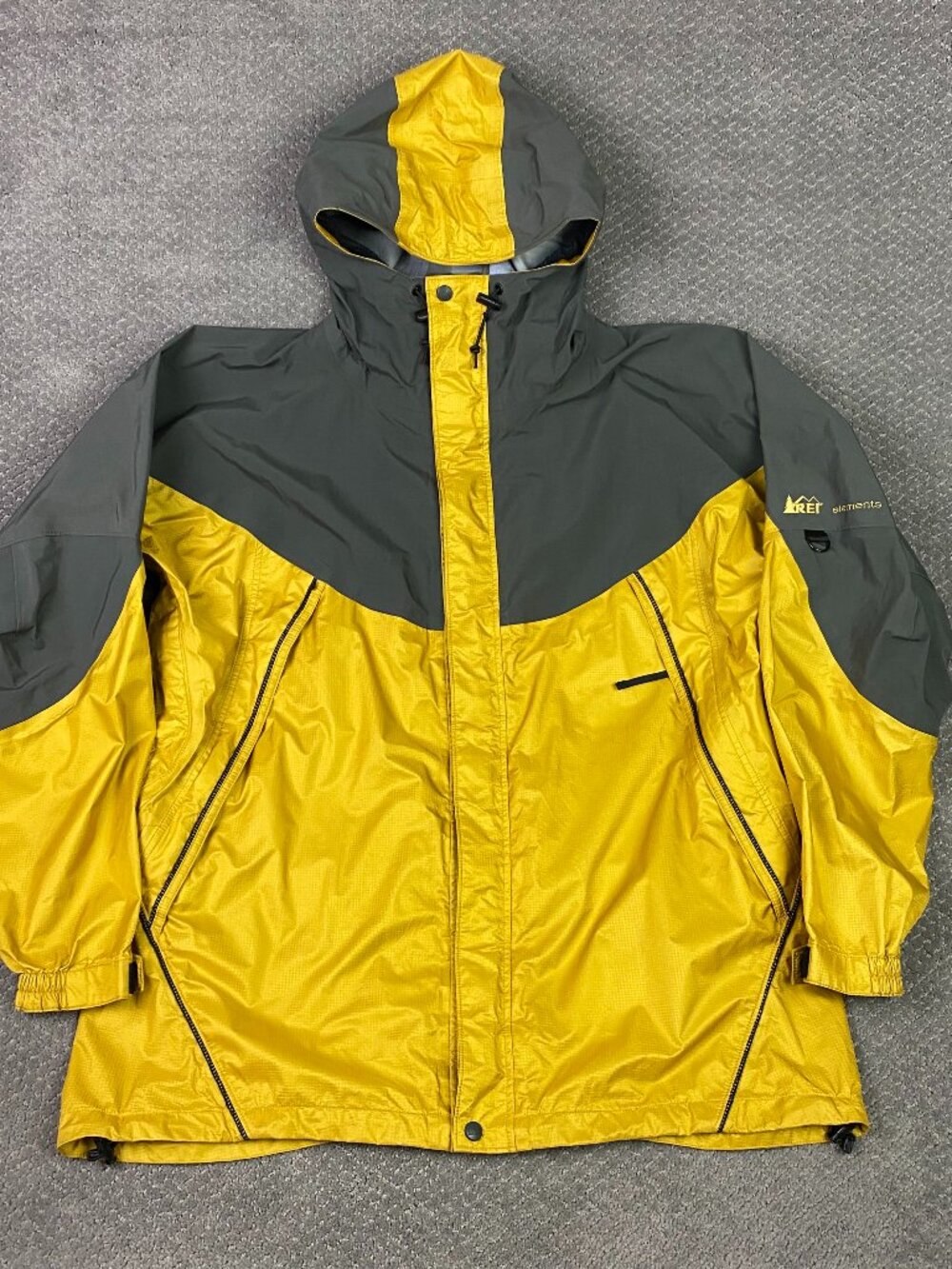 Vintage REI Elements Jacket Parka Mens Unisex XL Yellow Black Waterproof 90s Y2K